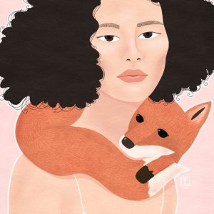 An artwork of a beautiful pale, unspecified Asian woman with black curly bob hair, looking straight at you somewhat unimpressed, wearing a dainty white top and has a live orange fox wrapped around her shoulders. Background is pale pink and there's a thin off white lining around the woman and the fox, and over everything there's a soft paper like texture. The drawing has a bit of a retro, maybe slightly art deco feel by Mervi Eskelinen