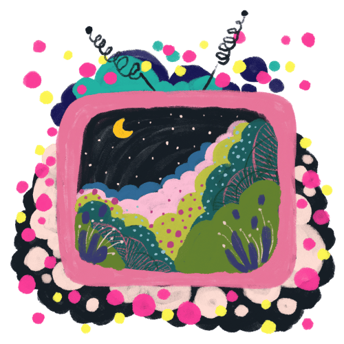 A colourful illustration of an oldschool pink television with two antennas on top of it and a picture of a mysterious night landscape on, plus some strange bubbly material in pink and black and blue and neon yellow and teal bubbling around it by Mervi Eskelinen