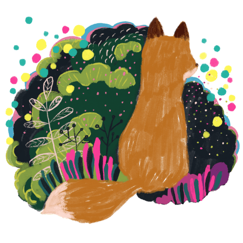 A colourful illustration of a fox looking somewhere to distance towards back right, surrounded by strange organic shapes and bubbles in different colours by Mervi Eskelinen