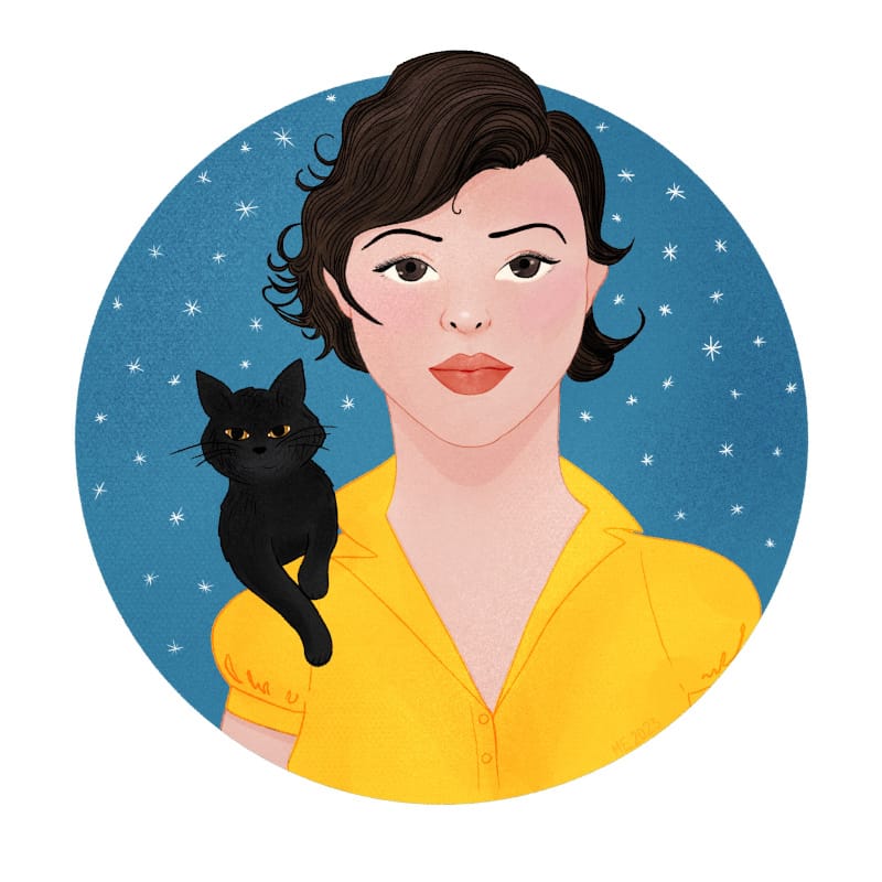 An illustration of a woman with pale skin and short-ish brown hair wearing yellow blouse, looking straight at you with a black cat on her shoulder with a round blue background with snowflakes floating around and slightly grainy surface by Mervi Emilia Eskelinen