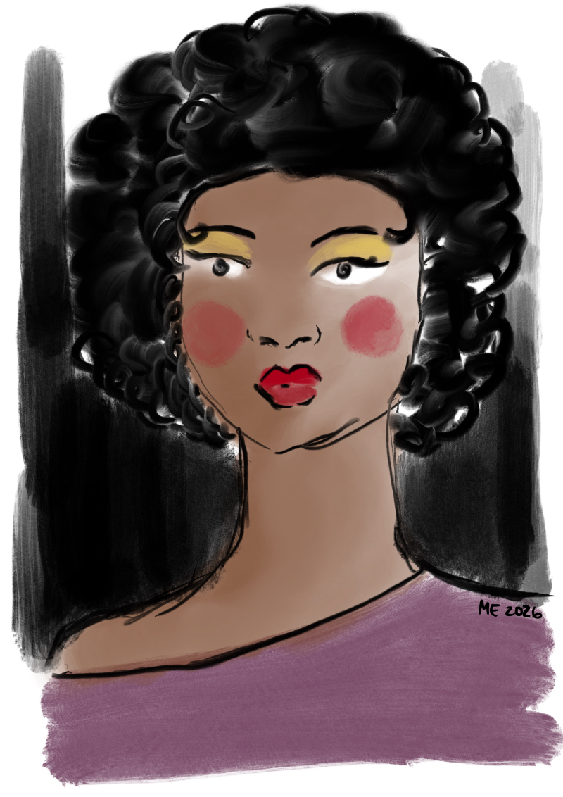 A simplified fashion style portrait of a Black woman with black natural hair, red lips and cheecks and yellow eyeshadow wearing a burgundy shirt off her left shoulder with black ink style background by Mervi Eskelinen