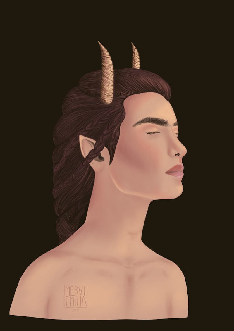 Fantasy, a digital chest portrait drawing of a androgynous humanlike creature facing right with eyes closed and with pointy ears, dark brown hair braided and pointy horns by Mervi Emilia Eskelinen