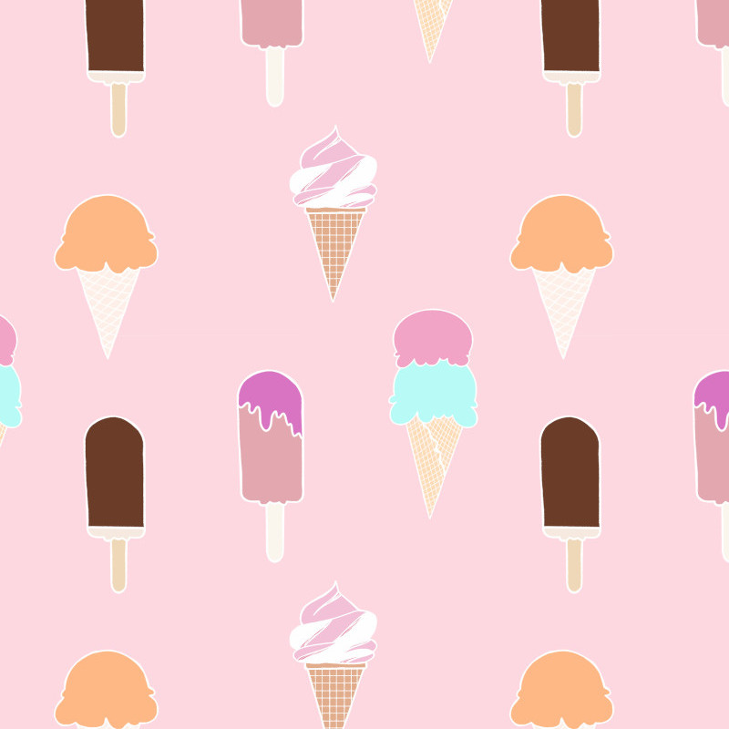 Illustrated repeat pattern of sweet pastelly coloured ice cream cones and bars on a soft pink background by Mervi Emilia Eskelinen