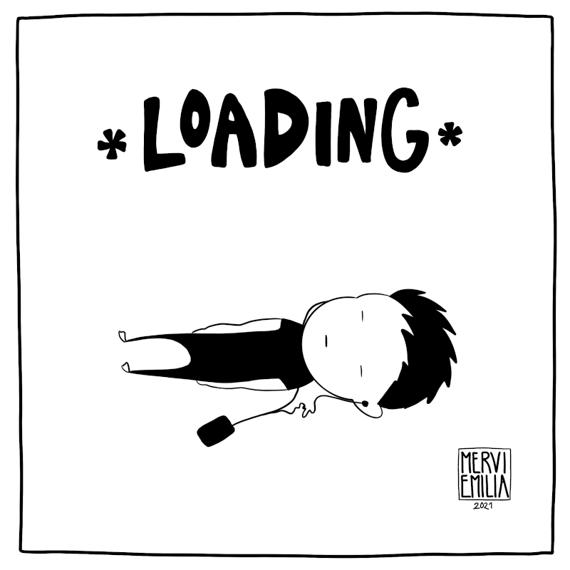 1 panel comic of a person wearing black t-shirt and pants with no socks, laying down eyes closed listening something with earphones from a smartphone with a huge text *LOADING* above them